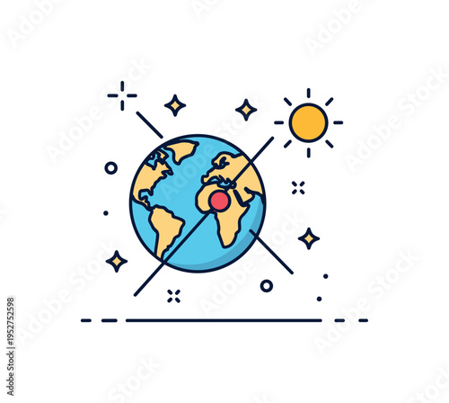 Earth axis tilt illustration showing a globe with a slightly angled axis line and minimal sun icon to one side, expressing seasonal changes caused by rotation
