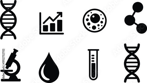 Science and laboratory icon set, DNA molecule microscope test tube cell analysis symbols, medical research technology vector illustration collection