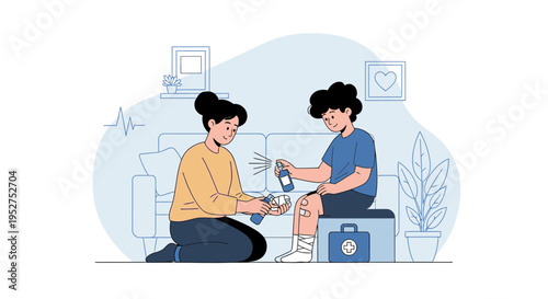 Mother applying antiseptic spray to child's scraped knee, first aid kit nearby