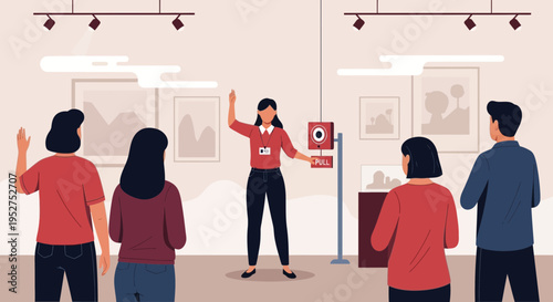 Museum guide leads tourists through art exhibition with paintings and sculptures