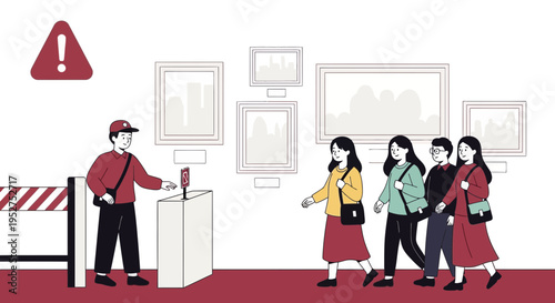 Museum entry: Security guard checks tickets at entrance, visitors queue for exhibition