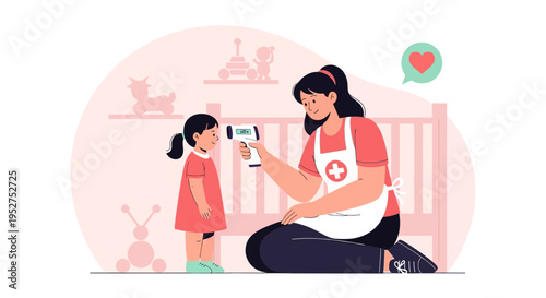 Nurse checks child's temperature with infrared thermometer at daycare, health check