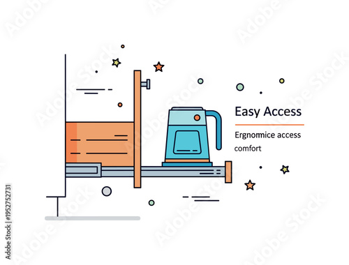 Pull out cabinet organizer concept centered on a sliding drawer platform with a heavy appliance resting securely inside, expressing convenience and ergonomic