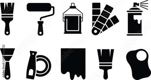 Painting tools icon set, black silhouette brush roller spray can palette scraper, home renovation equipment, minimal vector painter collection design