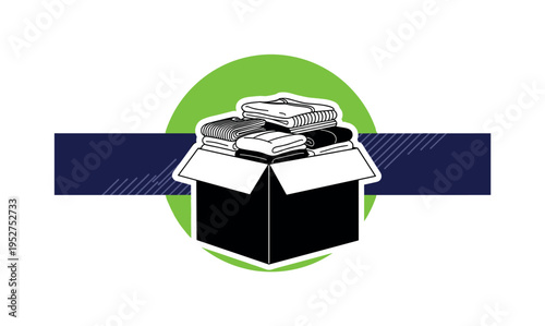 Realistic black and white box filled with donated clothes, vibrant green circle behind the box, deep navy rectangular stripe crossing composition, thin