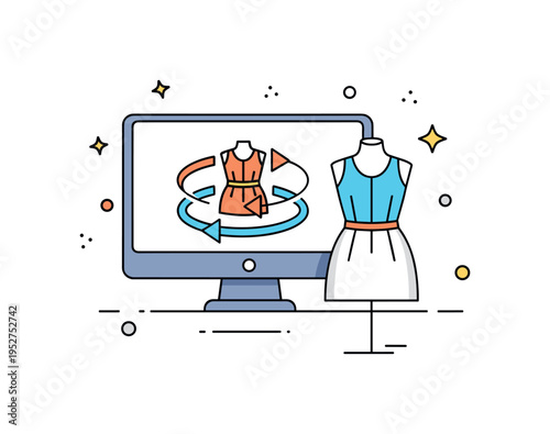 Virtual fashion prototyping scene represented by a computer screen showing 3D dress model with rotation arrows, symbolizing digital fitting and visualization.