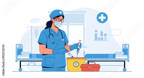 Nurse Disposing of Syringe in Sharps Container in Hospital Room