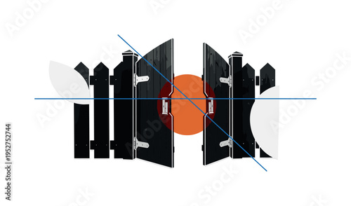 Black and white fence gate slightly open with visible hinge detail, large burnt orange circle behind the opening suggesting transition, thin blue diagonal