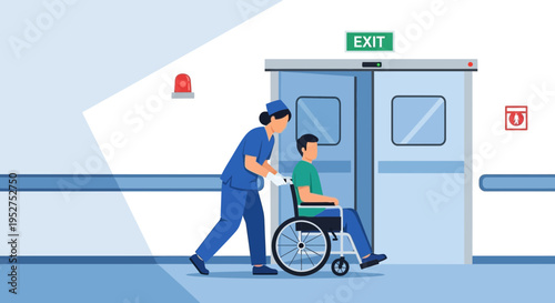 Nurse pushing patient in wheelchair towards exit in hospital corridor