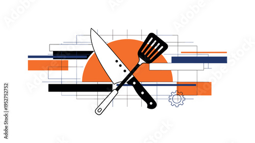 Black and white chef knife intersecting with a spatula forming an X shape, bright orange semicircle rising behind like a culinary sun, thin blueprint-style