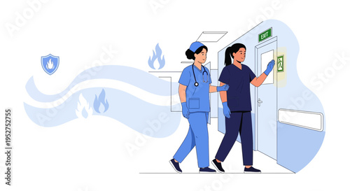 Nurses Evacuating in Fire Emergency, Hospital Safety Protocol Illustration