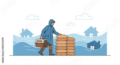 Person with pet carrier stacks sandbags against floodwaters and submerged houses