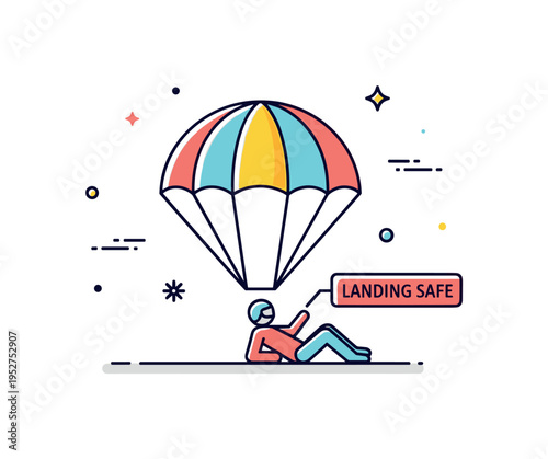 Safe landing parachute gently touching the ground with a relaxed figure below and a small Landing Safe label. The illustration symbolizes security, stability
