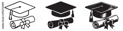 Stylized education icon set featuring graduation caps and diplomas for academic success
