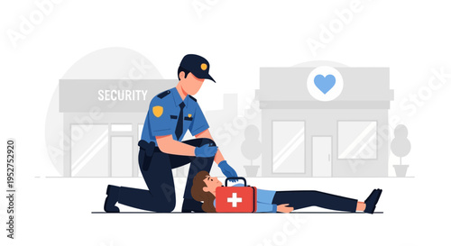 Security guard giving first aid to unconscious woman on street, medical emergency