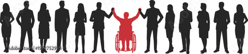 Conceptual silhouette of business professionals celebrating a person in a wheelchair for disability empowerment inclusive leadership successful recruitment and diverse workplace community support.