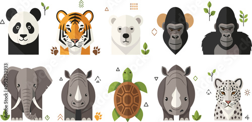 Set of Wild Animal Faces Including Panda Tiger Bear Gorilla Elephant Rhino Turtle and Leopard in Flat Cartoon Style Vector Illustration Design.