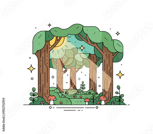 Sunlight streaming through a dense grove of trees with small mushrooms and plants on the forest floor, decorative stars highlighting serenity, growth, and