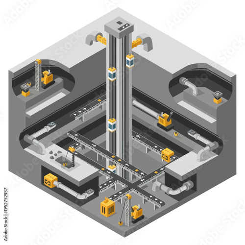 Isometric Automated Factory Interior with Conveyor Belts and Elevators.
