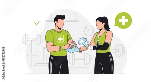 Sports trainer applying ice pack to athlete's injured arm in gym.