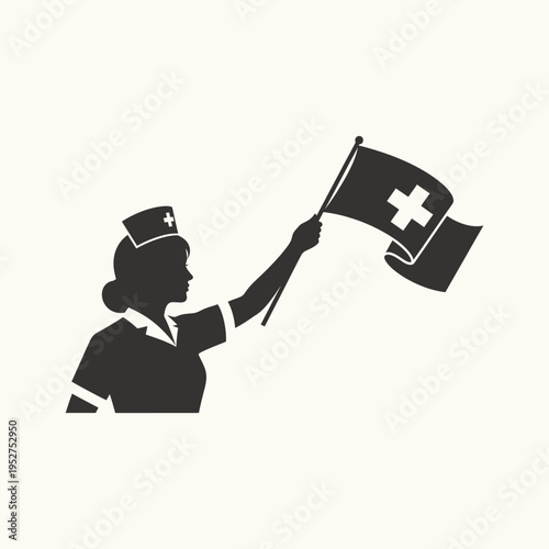 Silhouette of a female nurse holding a medical flag with a white cross symbol, representing healthcare and support.