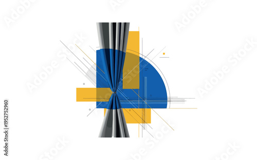 monochrome fabric curtain partially pulled aside, layered with cobalt blue semicircle and mustard yellow geometric accents, fine linear details and flat