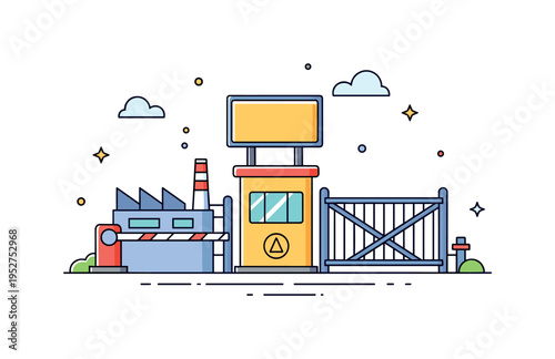 Production plant entrance security theme shown through a factory gate with a guard booth icon and mounted signboard above. The scene conveys safety, controlled