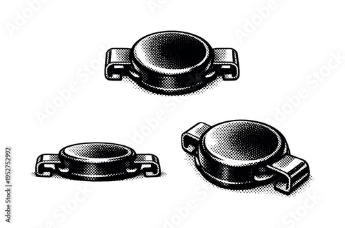 Railway detonator equipment showing a small round railway track detonator device with metal clips presented in three views: top, side, and angled perspective.