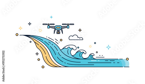 Drone over ocean coastline featuring a quadcopter above curved shoreline lines and gentle wave accents, expressing dynamic perspective and scenic beauty from