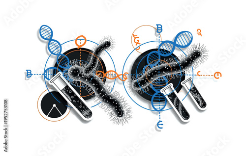 Black and white microscopic-inspired deep-sea bacteria forms enlarged as main object, intersected by geometric circles and DNA-like linear symbols in blue and