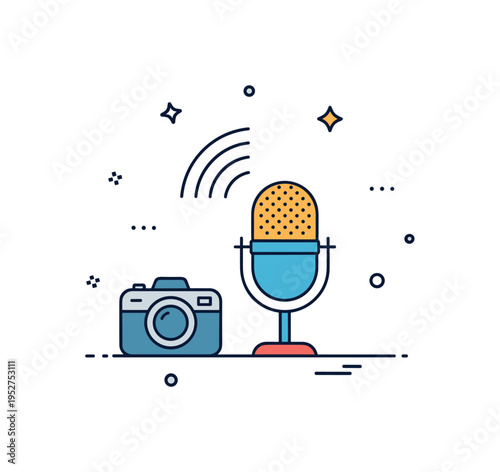 Broadcasting and live streaming microphone placed in front of a small camera icon and subtle WiFi signal lines, expressing real time communication. A modern