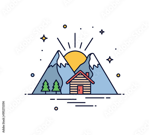 Nature retreat sanctuary featuring a simple cabin near stylized mountains with a rising sun behind it. A serene metaphor for escape, renewal, and protection