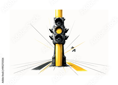 Black and white vintage traffic light transformed into a surreal vertical monument, oversized yellow cylinder piercing through it, thin linear perspective