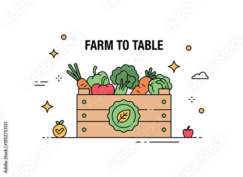 Farm to table organic produce concept shown through a delivery crate filled with vegetables and a leaf seal on the box, symbolizing direct supply and