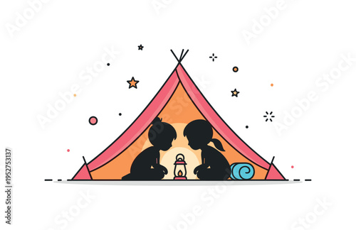 Childhood memories moment two silhouettes under a blanket tent with a small lantern glow between them. A charming micro scene expressing imagination, secrets