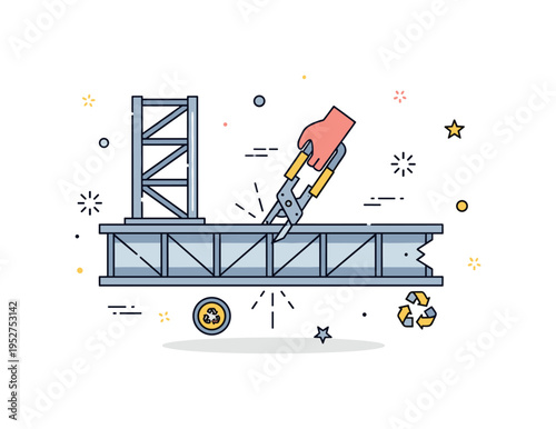 Industrial dismantling of metal structure centered on a simplified steel beam being cut by a compact tool with subtle spark icons, representing safe