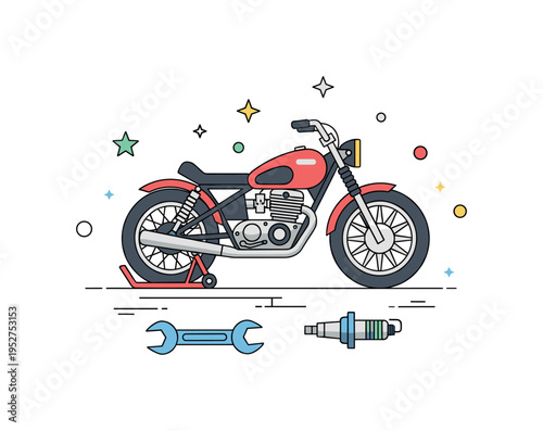 Custom motorcycle garage scene showing a vintage bike on a simple stand with a wrench and spark plug nearby, suggesting craftsmanship and hands-on restoration.