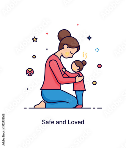 Mom comforting child tender scene with a simplified mother silhouette kneeling to gently embrace a small child figure, expressing warmth, reassurance, and