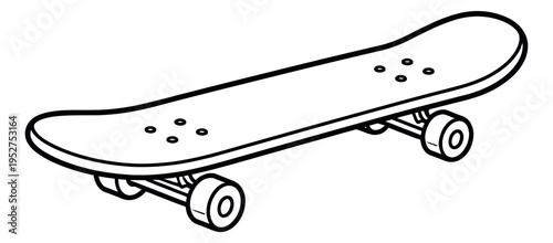 Hand drawn line art illustration of a skateboard depicting a classic board for youth culture designs