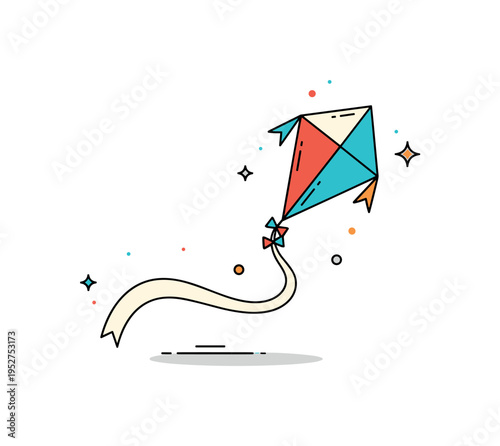 Kite flying childhood nostalgia idea illustrated by a classic kite shape with a long ribbon tail forming a soft curve beneath it, symbolizing carefree memories