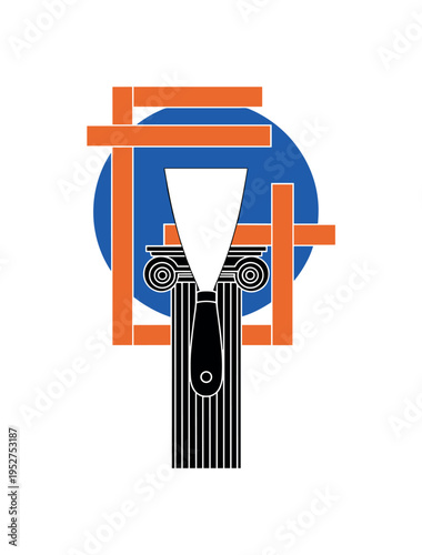 Black and white putty knife positioned upright like architectural element, bold cobalt blue sun disc behind intersected by orange geometric blocks suggesting