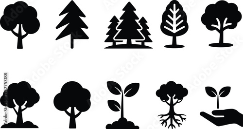 Tree and plant silhouettes set, forest nature icons with sapling growth ecology environment illustration isolated black collection