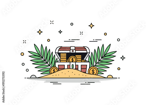 Treasure buried in sand on a beach with only the top of the chest and coins visible, surrounded by palm leaves, suggesting hidden discovery and adventure.