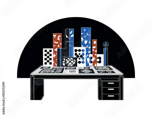 Black and white office desk with stencil sheets arranged as geometric overlays, patterns floating upward as flat abstract icons, strong symmetrical layout with