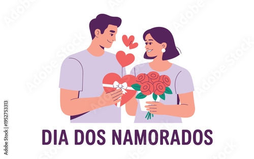 A vector graphic illustration of a romantic couple celebrating Dia dos Namorados with flowers and hearts