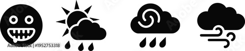 Weather and temperature icons set, cold face, rainy cloud, windy storm, sun rain forecast vector glyph climate symbols