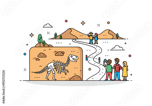 Paleontological tourism desert excavation site with a partially uncovered dinosaur skeleton and a small visitor group observing from a marked path, expressing