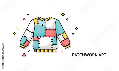 Patchwork clothing project showcasing a sweater composed of simple geometric fabric pieces with subtle stitch lines, communicating artistic layering and