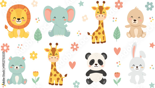 Cute Baby Animals Set Including Lion Elephant Giraffe Panda Rabbit and Bear with Floral Elements in Cartoon Style Vector Illustration.