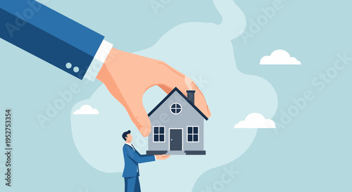 Giant hand protecting house held by businessman illustration
